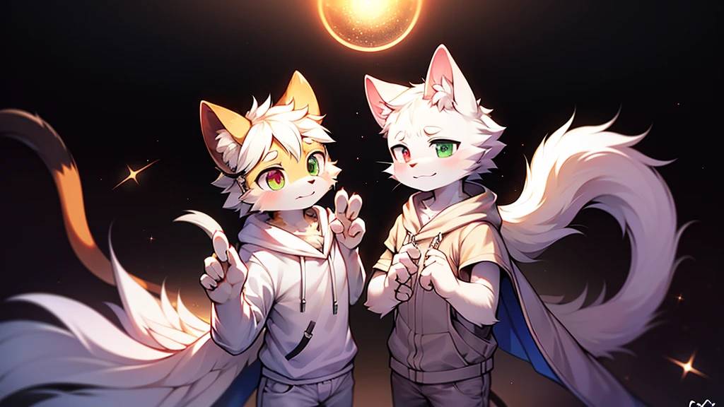 The background is a black hole,The background occupies most of the picture,Vision,Male cats,Pure white hair,Wearing a white cape,Firm eyes,Look straight ahead,A white wing,Frowning,Heterochromia,hairy,Pure white hands,White coat,No other decorations,Off-white shorts,Casual wear,Open hands,Point ahead,Fly in the air,Surrounded by a circle of light,12 years old style