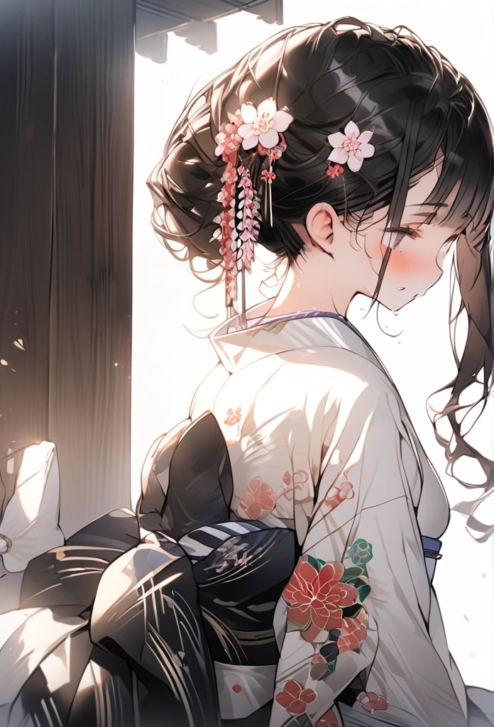 Full body, wearing a slightly revealing floral yukata, beautiful glossy black obi, masterpiece, hot and languid expression, slightly sweaty, 8K quality, black hair, hair down in front, hair back in a bun, flower hair ornament, cute round eyes like in a Japanese anime.