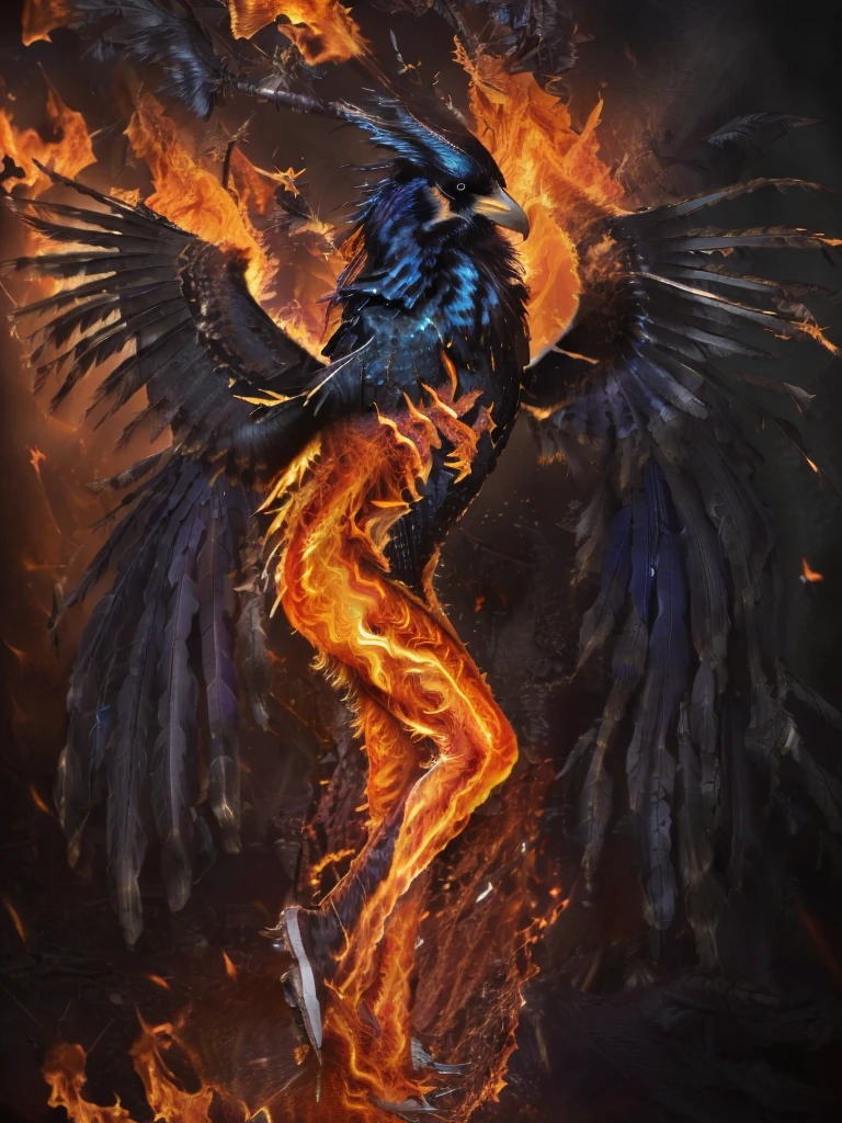 (masterpiece), best quality, (masterpiece), best quality, 

A mystical realistic photograph of a (woman with a ((crow on her arm))), the (((woman has long blowing hair)), dark hair and dark surroundings... the (crow glows) its ((feathers seem to be made of fire)),
The ((crow appears to be made of fire)), lighting up the woman and her surroundings