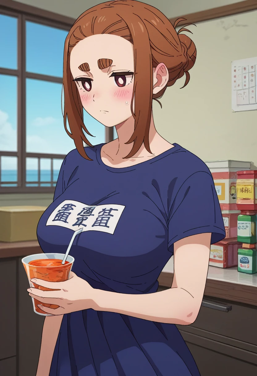 1girl, 独奏, nsfw,, brown hair, (Medium hair, shoulder length hair:1.5) brown hair, BROWN EYES,, empty eyes, large breasts, nipple, Conveyor belt sushi restaurant, frozen, Wet, crying, Naked, (1girl) Peeing, lactation, projectile lactation