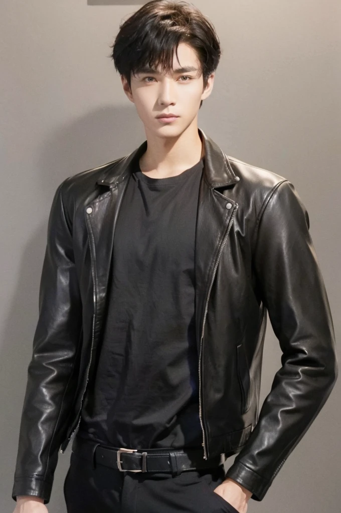 at office，wearing black leather jacket，two block haircut, Attractive man，Live-action photo，Handsome and sunny，（SLR effect，Reality，8K，Hyper-detailing，Absolute realism）