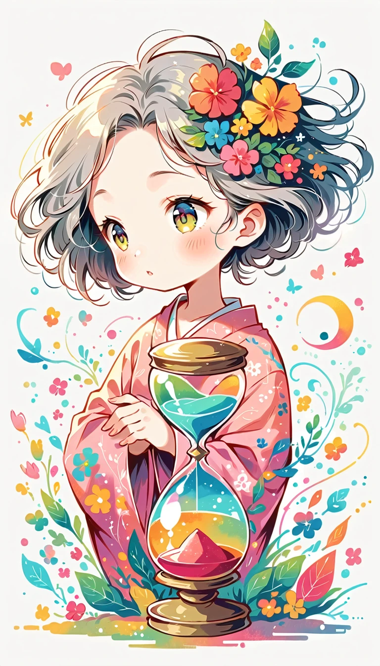 white background, Fujichoco style, pink kimono, (((The Most Beautiful Girl))),  gray hair, shining pupils, ((hourglass)), vivid colors, white background, simple background, Simple line initialism, 8k,