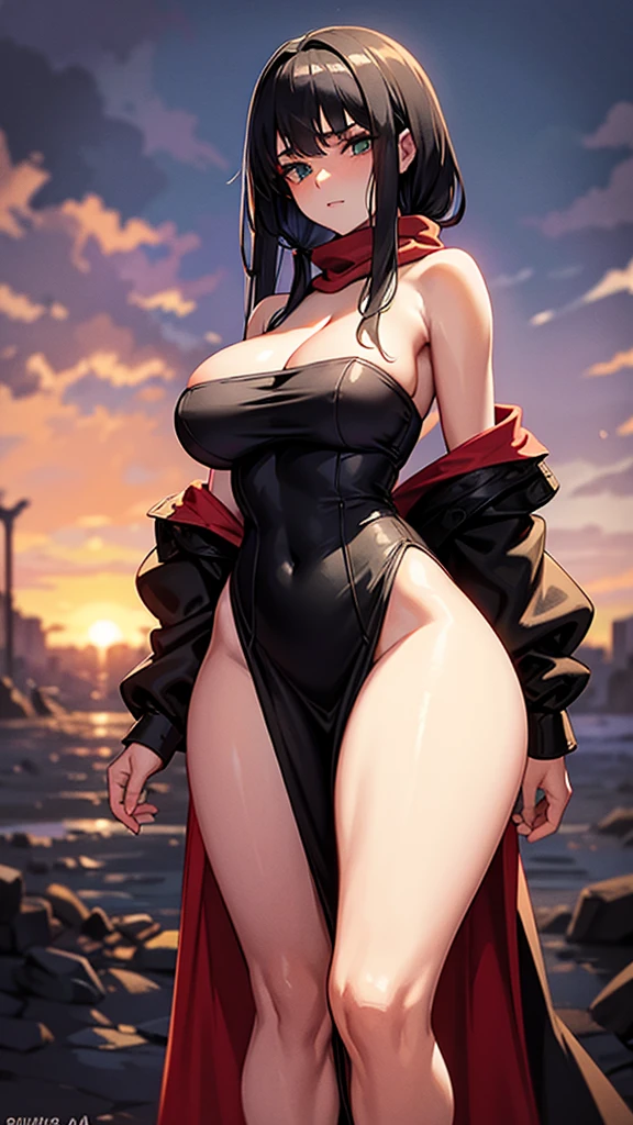 medieval setting, full view of body, 1 skinny female with large breast, beatiful smokey green eyes, black hair pinned up, elegant off-shoulder strapless midi dress, red scarf around her neck, eerie sunset