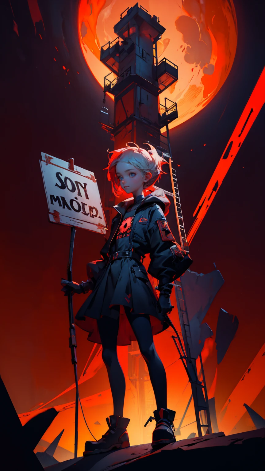 a cartoon character girl standing on the edge of an abyss holding two signs "molecular" and " sortBy szurnaliens", one sign says "дол Coco High pro". The other is called selling stock, with another hand hold up a ladder that goes down into hell. On top there's written in big letters ";, ", below him stands scared little guy with sad face, dark red background, cartoon style, vector graphics, epic composition, high resolution, sharp focus, studio lighting