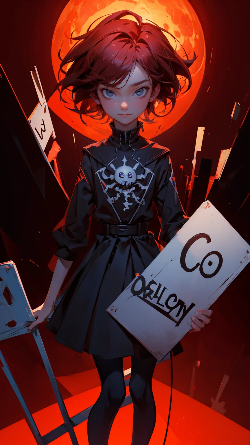 a cartoon character girl standing on the edge of an abyss holding two signs "molecular" and " sortBy szurnaliens", one sign says "дол Coco High pro". The other is called selling stock, with another hand hold up a ladder that goes down into hell. On top there's written in big letters ";, ", below him stands scared little guy with sad face, dark red background, cartoon style, vector graphics, epic composition, high resolution, sharp focus, studio lighting