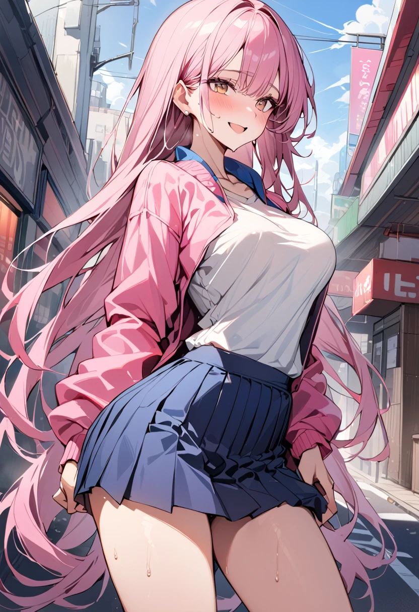 ((masterpiece,Highest quality:1.3,best quality illustration)),cowboy shot,独奏,1woman,(Mature Beauty),pink hair,straight long hair,bangs,brown eyes,(gorgeous eyes),((very small head)),fun,smile,((very long body,skinny)),medium breasts,((Pink baseball jacket with rip、Navy blue pleated mini skirt)),gleaming skin,oily skin,slender body,sweat,standing,on street,Shibuya Station、