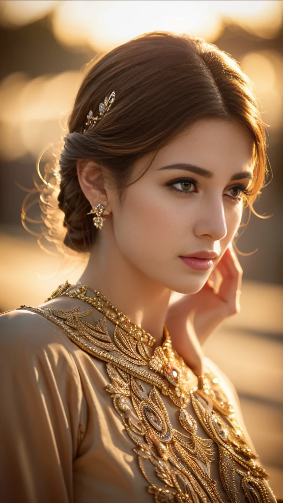a beautiful woman, highly detailed portrait, beautiful eyes, long eyelashes, flawless skin, detailed face, elegant hairstyle, detailed clothing, intricate jewelry, serene expression, natural lighting, photorealistic, hyper-realistic, 8k, ultra-detailed, masterpiece, cinematic, dramatic lighting, warm color palette, glowing skin, ethereal, goddess