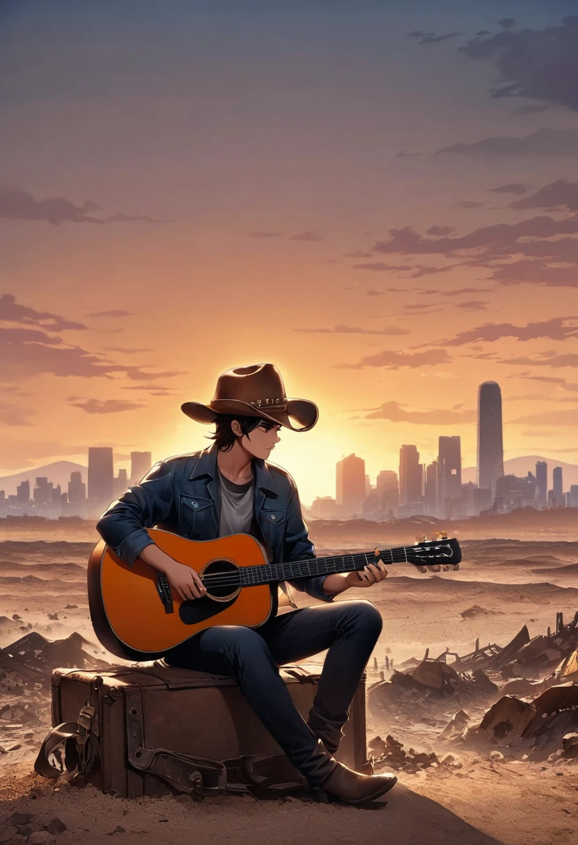 wasteland,西部牛仔sit在石头上Play the guitar,(sit:1.2),Wear a cowboy hat,Rusty,The skyline in the distance,Western style background,Sunset,(Play the guitar:1.3)