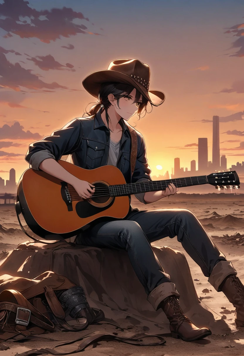 wasteland,西部牛仔sit在石头上Play the guitar,(sit:1.2),Wear a cowboy hat,Rusty,The skyline in the distance,Western style background,Sunset,(Play the guitar:1.3)