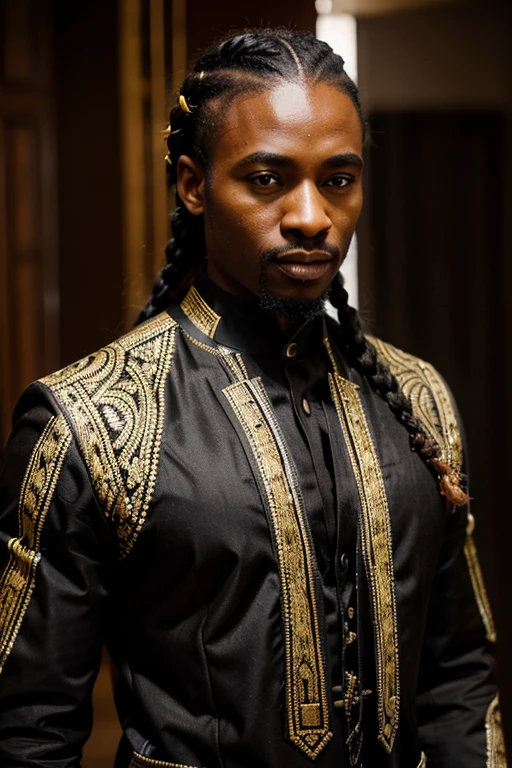 Rich black wedding , black man with thin braids flowing back wearing shiny black African design wedding suit and shiny shirt with African feel, goatee, intricate details, detailed background, depth of field, photo of a handsome black man, l4tex4rmor,