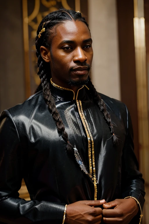 Rich black wedding , black man with thin braids flowing back wearing shiny black African design wedding suit and shiny shirt with African feel, goatee, intricate details, detailed background, depth of field, photo of a handsome black man, l4tex4rmor,