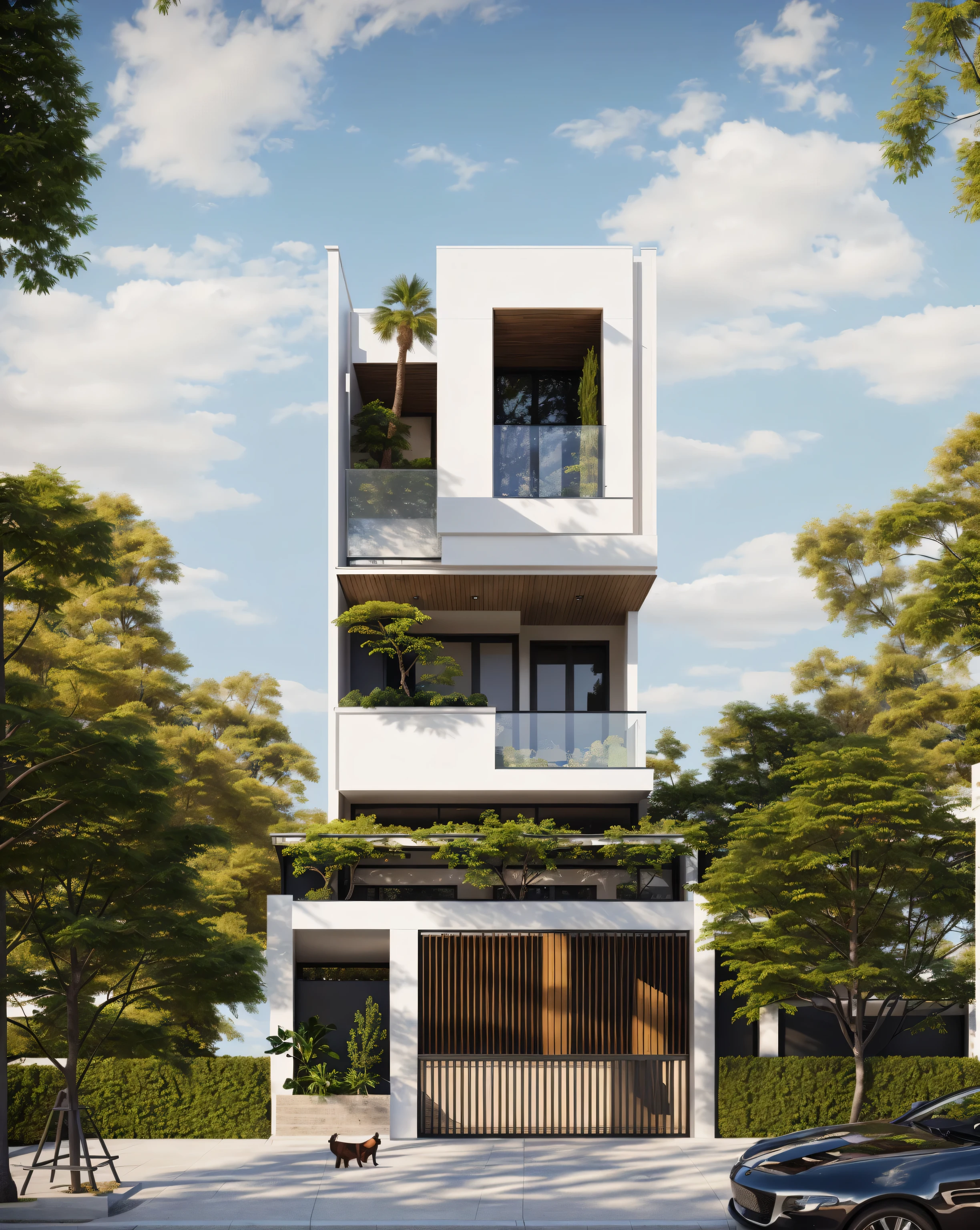 a view of a modern home 3 storey house with a large front yard, main material by glossy white wall and black stone and wood, 1 road runs in front of the house, (RAW photo, real, best quality, masterpiece:1.2), look morden minimalist, 1 road in front of the house, shime ring light, light brighteness from indoor:1.2, dynamic lighting:1.3, (hyper realistic, photo-realistic:1.2), high quality, day lighht, hight contrast :0.5 perfect lighting, archdaily, award winning contemporary, contemporary masterpiece, well-designed masterpiece, large modern residence, neotraditional modern, wide angle exterior 2022, midcentury modern, contemporary house, hip modern vibe, a long-shot from front, award winning modern design, stunning lines, residential, subtle detailing