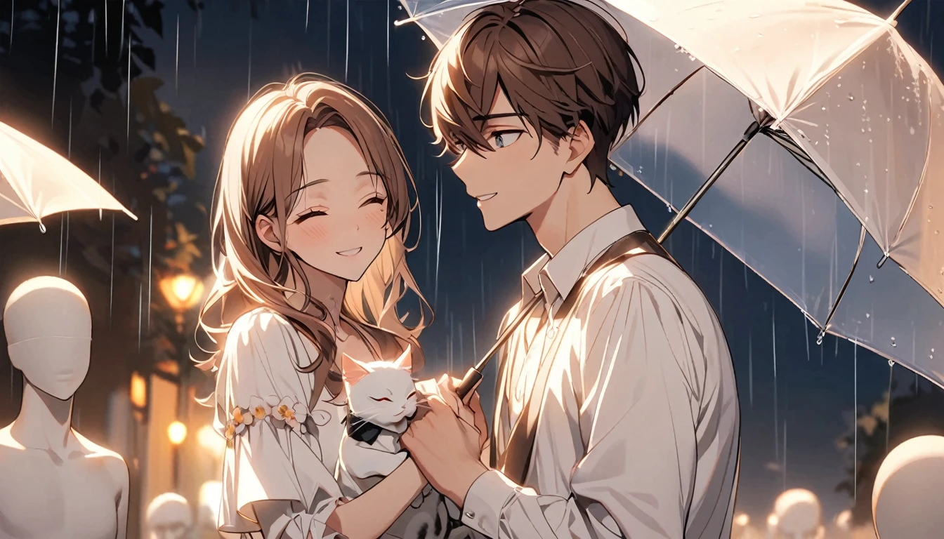 ung man,single,short brown hair,The eyes shine brightly.,white shirt,Close your eyes and smile.,The feeling is like people meeting each other.,Hand holding a white cat,mannequin models,Umbrella open, rain falling,night,A park without people,ภาพชายหนุ่มmannequin modelsดารา