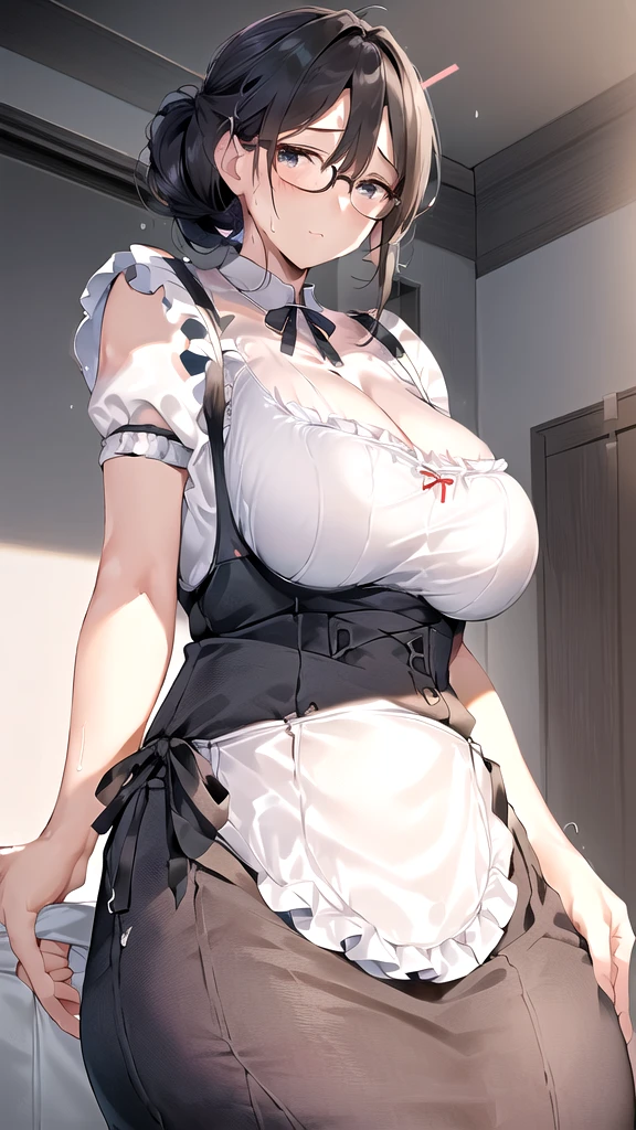 {{masterpiece}},high quality, 4K, 2D,1 girl,{simple gray background},(45 year old woman,mature female:1.6),standing,(sagging breasts:0.4),(gigantic breasts:1.3),(dirndl:1.4), black hair,(chignon:1.2),1 braid,impossible clothes, {from right in front of face and body},{front facing shot},Wear glasses,inside the room,(breasts spilling out of clothes:1.7)
