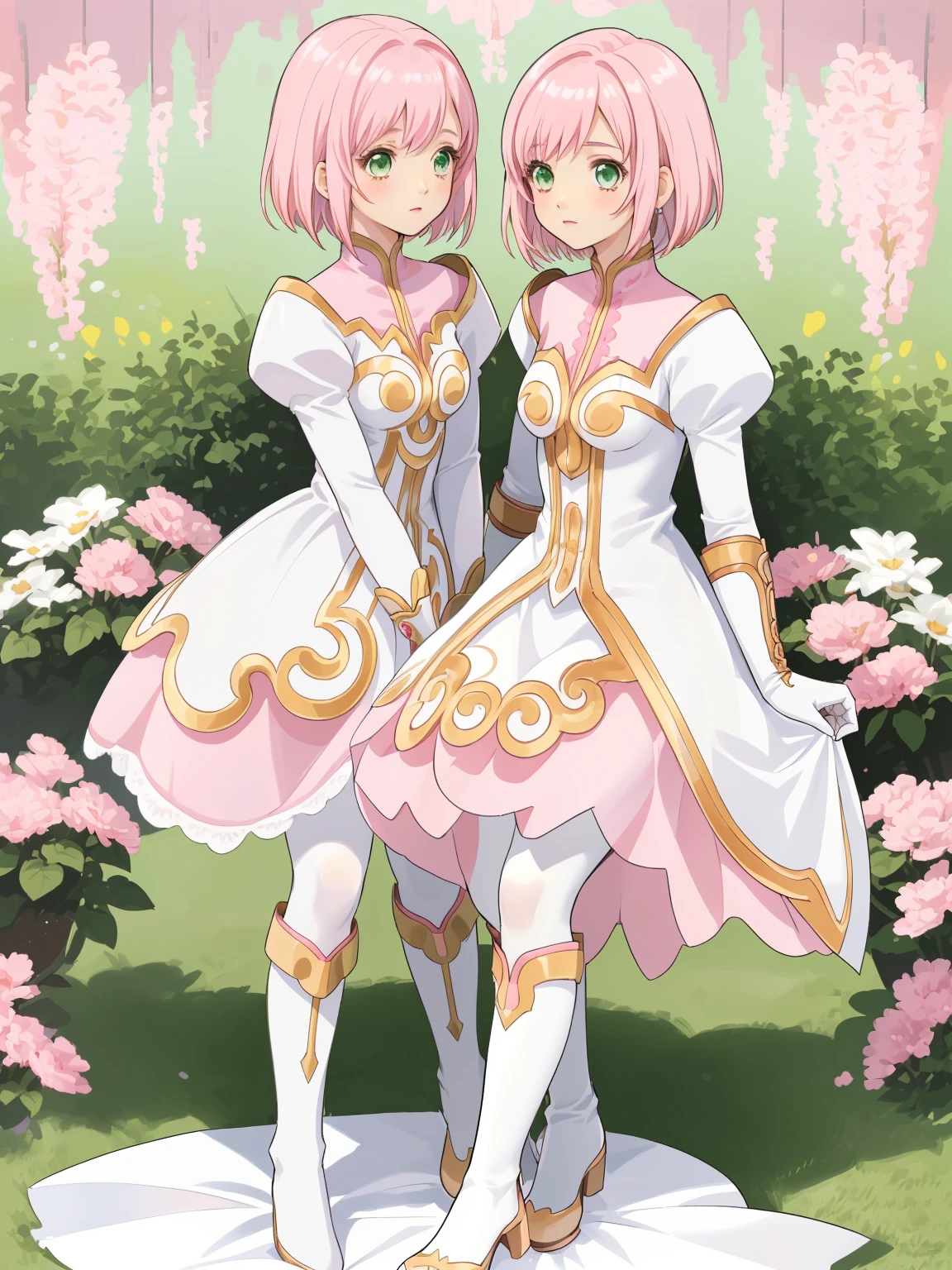 masterpiece, Highest quality, alone, One Girl,Estellise Sidos Heurassein, Pink Hair, short hair, Green Eyes, Small breasts, White and pink dress, Glamorous Dress, Pink collar, Pink Skirt, White boots, White gloves, (Black Pantyhose, Black legwear:1.1)whole body, Little:5, cute, (Beautifully detailed face), (Beautiful attention to detail), (Beautiful detailed hair)