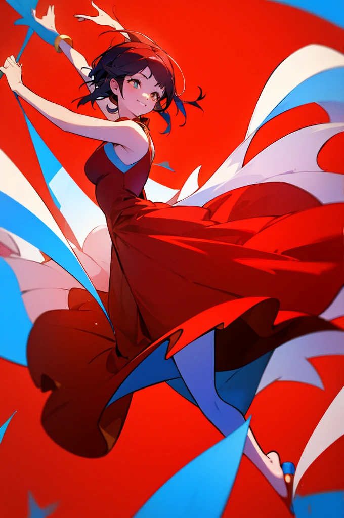 Beautiful young girl in red dress, full fill blue background, girl dancing, her hands move upwards , she smiles and laughs, vertical video,