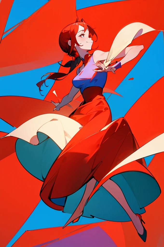 Beautiful young girl in red dress, full fill blue background, girl dancing, her hands move upwards , she smiles and laughs, vertical video, 