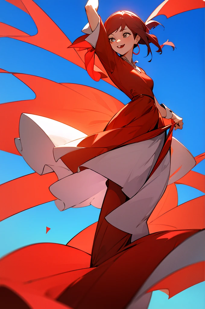 Beautiful young girl in red dress, full fill blue background, girl dancing, her hands move upwards , she smiles and laughs, vertical video,