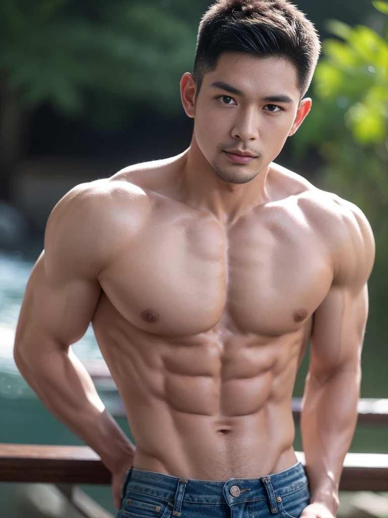 Vietnamese muscle man, Detailed undercut, Tight T-shirt , quiet, Jeans, Take the whole body, Walking posture :: Manly, Look at the camera, (Make eye contact), manhood posture, Manly deportment, Have morals, masculinity, manhood, very detailed facial parts, very detailed neck, Manly, waterfall background, happy expression, professional photos, soft focus, ( raw photos, best quality, Masterpiece:1.2), very detailed, Ultra high resolution, perfect anatomy, ส่วนของร่างกายที่very detailed, The body is very symmetrical., Asia, 18 years old, Highly detailed, detailed face, Detailed eyes, proportional eyes, very detailed mouth, Leaky abdomen :: very detailed, thin, small waist, realistic, human skin, นิ้วที่very detailed, handsome chad chin, Be a man, human skin, handsome, charming, Highly detailed RAW color photo, depth of field, Photo taken from the front, perfect composition, very detailed hands, very detailed fingers