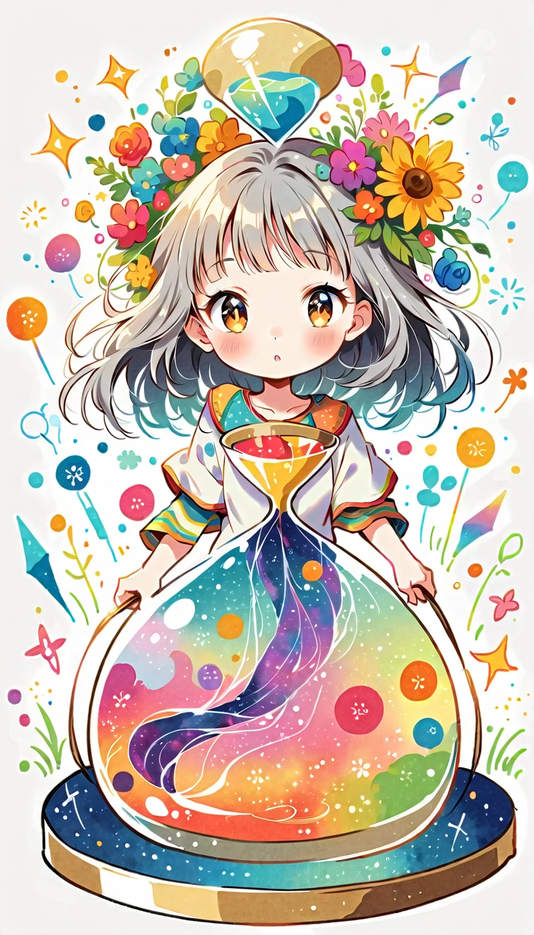 White Background, Fujichoco Style, , (((The most beautiful girl))), Gray Hair, Sparkling Eyes, ((hourglass)), Vibrant colors, White Background, Simple Background, whole body, Simple line initials,