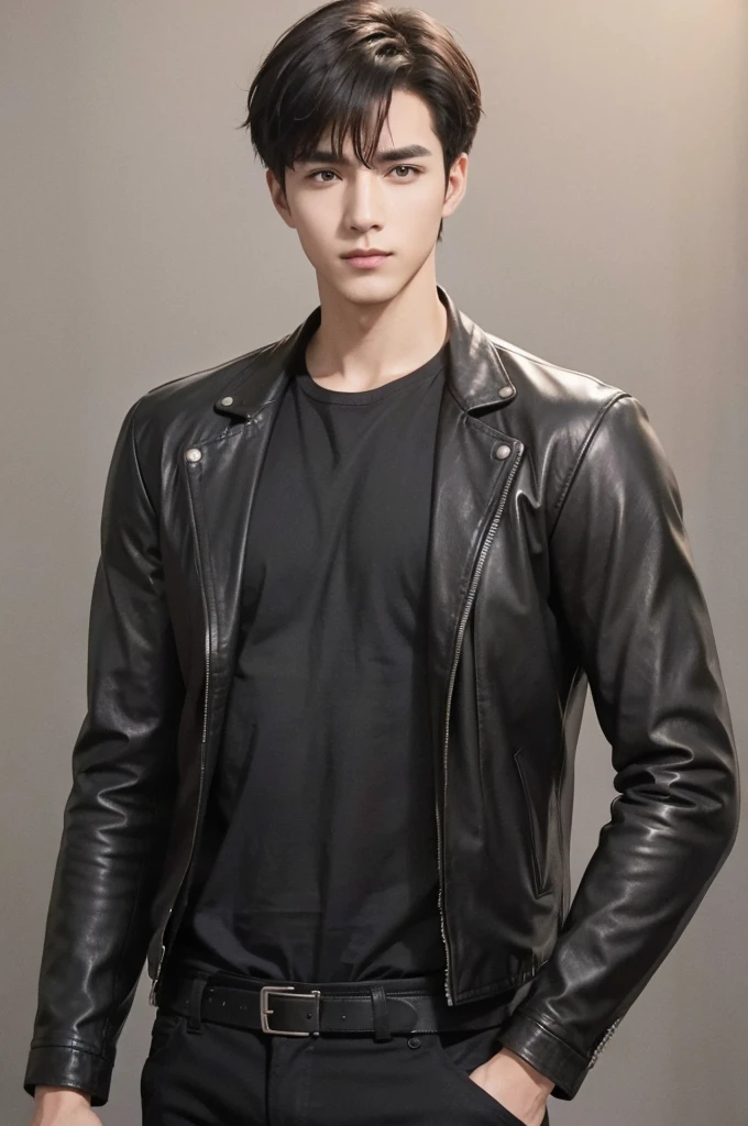 at office，wearing black leather jacket，two block haircut, Attractive man，Live-action photo，Handsome and sunny，（SLR effect，Reality，8K，Hyper-detailing，Absolute realism）