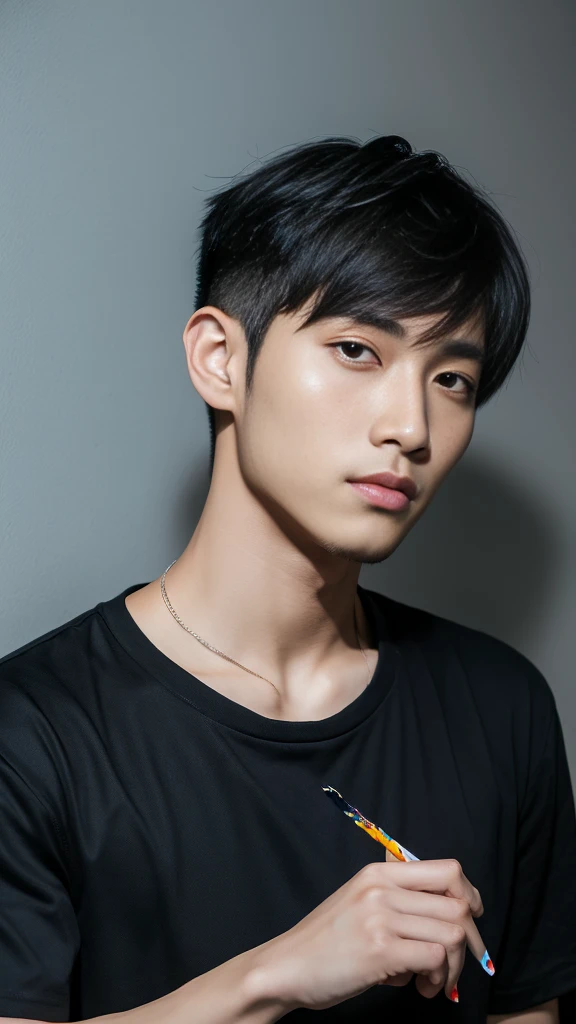 Asian alpha male wearing a black shirt looking at the camera, Shin Jinying, Kim Do-young, Paint Ulzzang, Shen Quanrui, korean men, Shin Jin Young's Aesthetics, faceเกาหลีที่น่ารัก, handsome young man'face, Jaeyong Nam, beautiful eyes、Kim Taejoon, Hyungtae, Inspiration from Jong Suk Lee, Avatar, Korean artist, Jung Jae Hyo ,(smile:1.2)