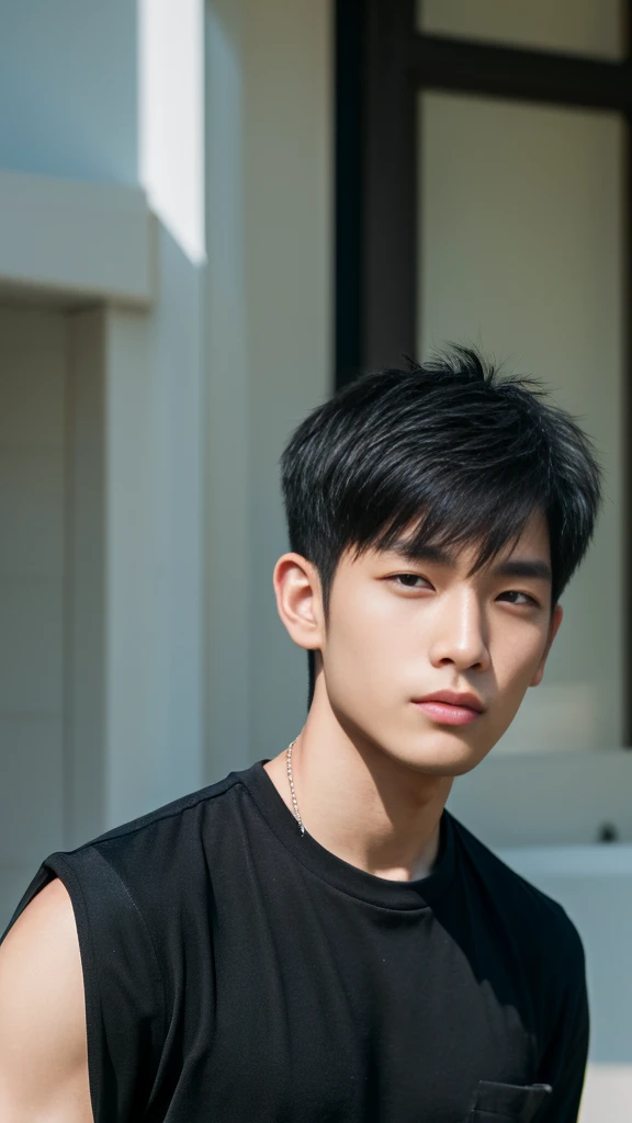 Asian alpha male wearing a black shirt looking at the camera, Shin Jinying, Kim Do-young, Paint Ulzzang, Shen Quanrui, korean men, Shin Jin Young&#39;s Aesthetics, faceเกาหลีที่น่ารัก, handsome young man&#39;face, Jaeyong Nam, beautiful eyes、Kim Taejoon, Hyungtae, Inspiration from Jong Suk Lee, Avatar, Korean artist, Jung Jae Hyo  ,(smile:1.2)