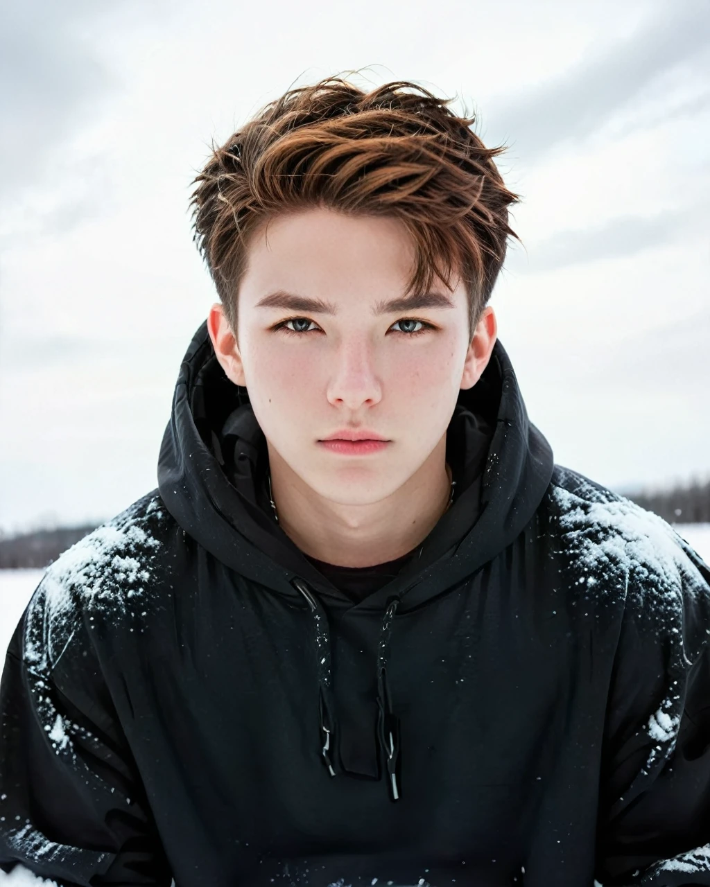 a handsome boy in a torn black hoodie, wolf ear cosplay, snow landscape, kpopboyband, detailed facial features, highly detailed, hyper realistic, cinematic lighting, dramatic lighting, moody colors, dark atmosphere, fantasy art