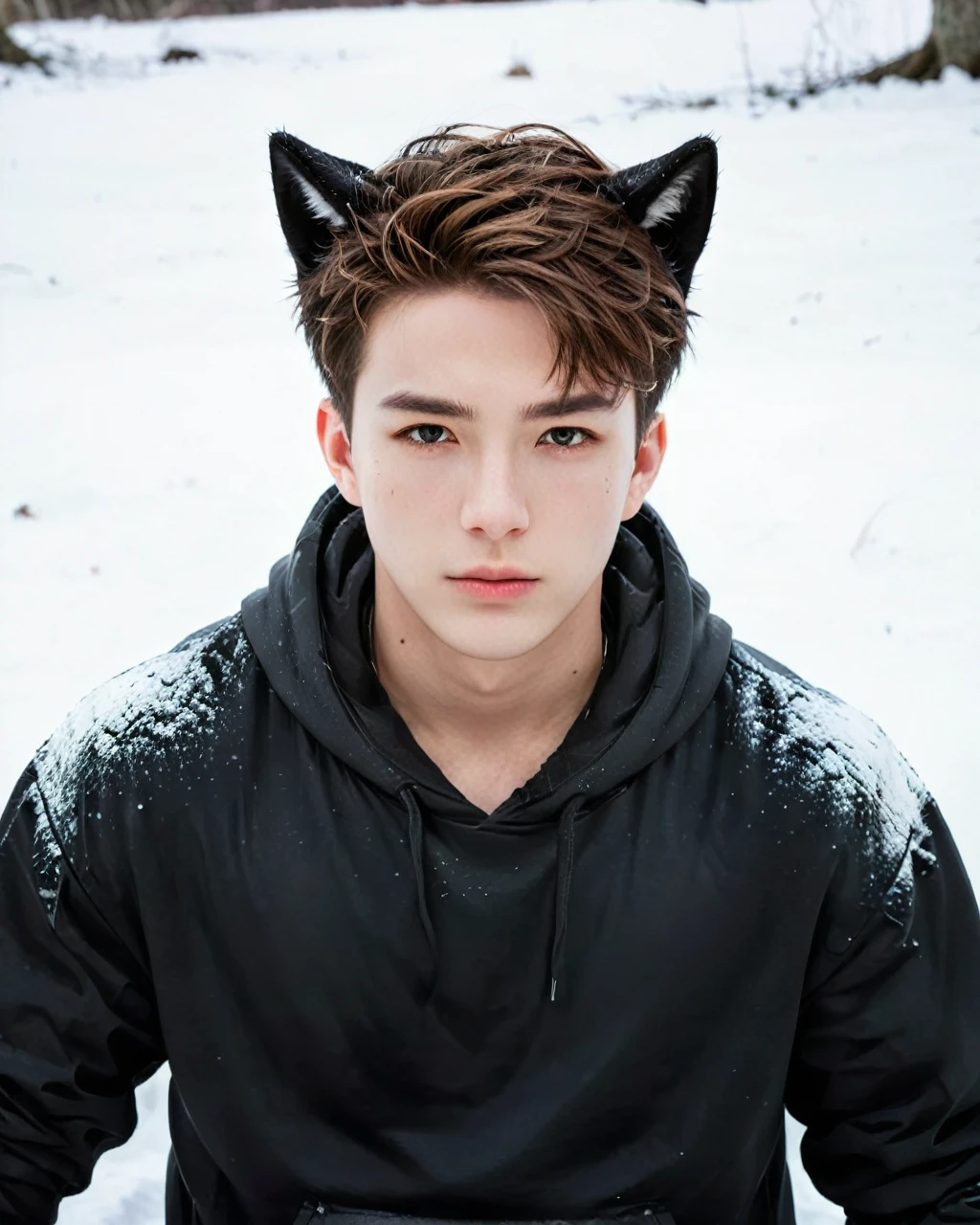 a handsome boy in a torn black hoodie, wolf ear cosplay, snow landscape, kpopboyband, detailed facial features, highly detailed, hyper realistic, cinematic lighting, dramatic lighting, moody colors, dark atmosphere, fantasy art