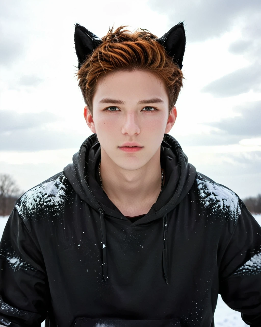 a handsome boy in a torn black hoodie, wolf ear cosplay, snow landscape, kpopboyband, detailed facial features, highly detailed, hyper realistic, cinematic lighting, dramatic lighting, moody colors, dark atmosphere, fantasy art