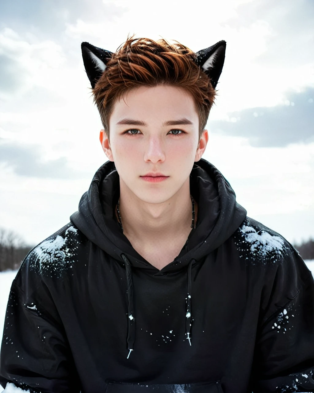 a handsome boy in a torn black hoodie, wolf ear cosplay, snow landscape, kpopboyband, detailed facial features, highly detailed, hyper realistic, cinematic lighting, dramatic lighting, moody colors, dark atmosphere, fantasy art