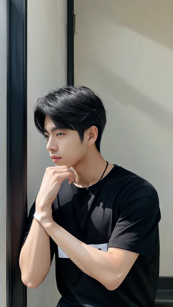 Asian alpha male wearing a black shirt looking at the camera, Shin Jinying, Kim Do-young, Paint Ulzzang, Shen Quanrui, korean men, Shin Jin Young's Aesthetics, faceเกาหลีที่น่ารัก, handsome young man'face, Jaeyong Nam, beautiful eyes、Kim Taejoon, Hyungtae, Inspiration from Jong Suk Lee, Avatar, Korean artist, Jung Jae Hyo ,(smile:1.2)