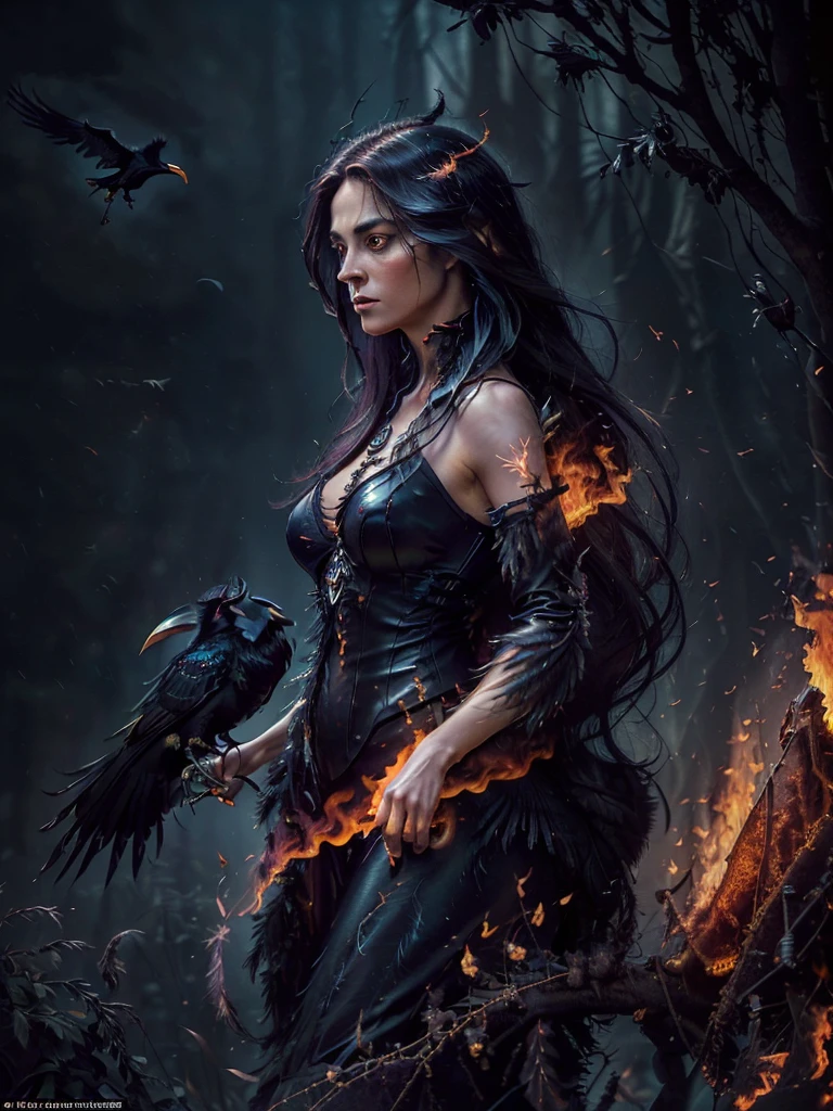 (masterpiece), best quality, (masterpiece), best quality, 

A mystical realistic photograph of a (woman with a ((crow on her arm))), the (((woman has long blowing hair)), dark hair and dark surroundings... the (crow glows) its ((feathers seem to be made of fire)),
The ((crow appears to be made of fire)), lighting up the woman and her surroundings