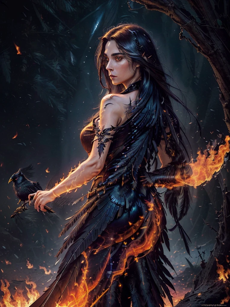 (masterpiece), best quality, (masterpiece), best quality, 

A mystical realistic photograph of a (woman with a ((crow on her arm))), the (((woman has long blowing hair)), dark hair and dark surroundings... the (crow glows) its ((feathers seem to be made of fire)),
The ((crow appears to be made of fire)), lighting up the woman and her surroundings