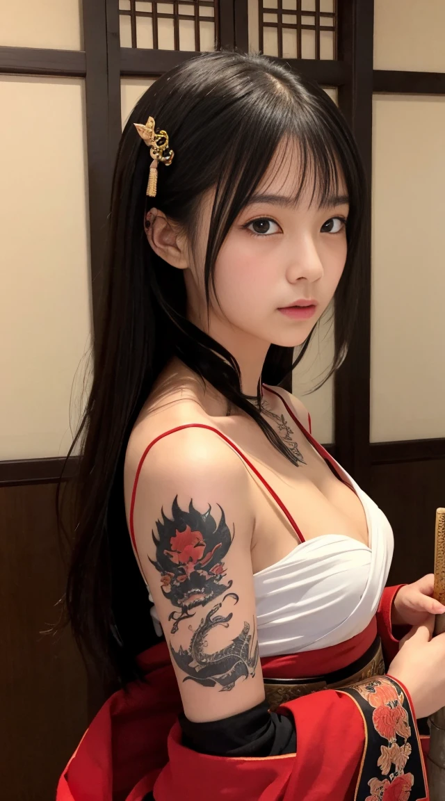 20Year、beautiful,、e Girls、samurai、dragon tattoo on body、Hold the Japanese sword in front of your body、Pull out and hold the sword、Sharp Eyes、Red blood on the cheek、