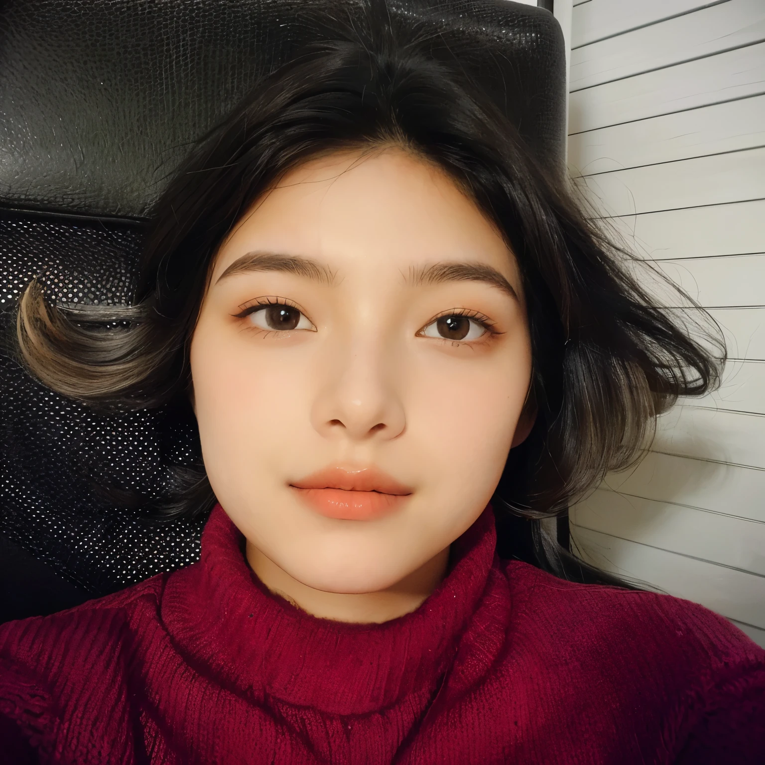 il y a une femme avec un pull rouge et une chaise noire, 18 ans, vers 19 ans, avec un visage précis, 16 ans, sans maquillage, avec une expression de visage sérieuse, souriant, photo frontale, selfie d&#39;une jeune femme, asiatique du sud-est avec visage rond, portrait de face, regardant directement la caméra, femme de 30 ans