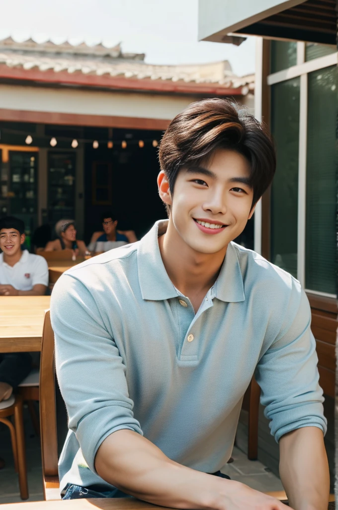 ((realistic daylight)) , (Young Korean man in a polo shirt) , Jeans, A handsome, muscular young Asian man looks at the camera. , In the dining table, outdoors,turn sideways, smile