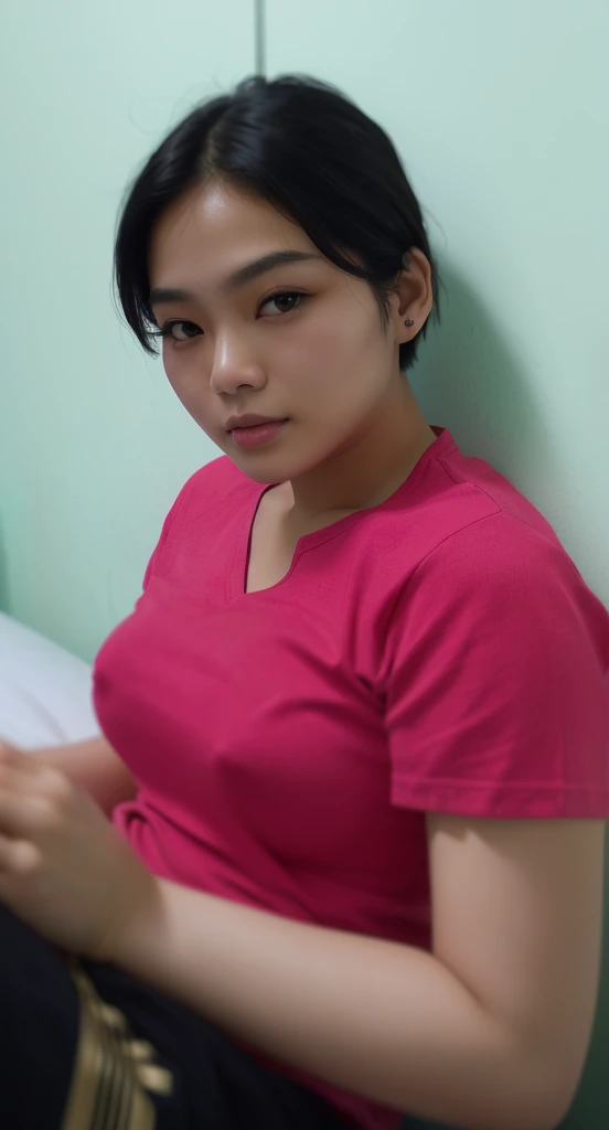 there is a woman sitting on a bed with a cell phone, south east asian with round face, photo of the girl, portrait of modern darna, photo of a woman, with very thin lips, with round face, potrait, face picture, close up potrait, with accurate face, taken with sony alpha 9, picture, with short hair, big bobs, bobs, perfect breast, perfect bobs, a women no bra, no bra, Nipple, a transparant t-shirt, transparant dress, No Bra, 1 girl with no bra, full body, transparant body, nipples, no bra, no bra, perfect bobs,