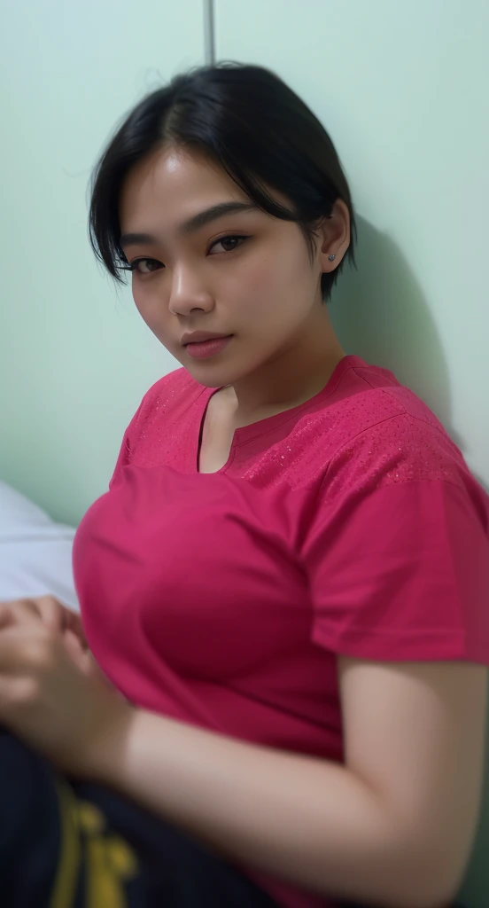 there is a woman sitting on a bed with a cell phone, south east asian with round face, photo of the girl, portrait of modern darna, photo of a woman, with very thin lips, with round face, potrait, face picture, close up potrait, with accurate face, taken with sony alpha 9, picture, with short hair, big bobs, bobs, perfect breast, perfect bobs, a women no bra, no bra, Nipple, a transparant t-shirt, transparant dress, No Bra, 1 girl with no bra, full body, transparant body, nipples, no bra, no bra, perfect bobs,