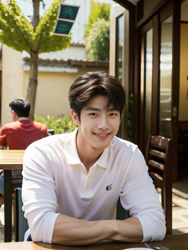 ((realistic daylight)) , (Young Korean man in a polo shirt) , Jeans, A handsome, muscular young Asian man looks at the camera. , In the dining table, outdoors,turn sideways, smile