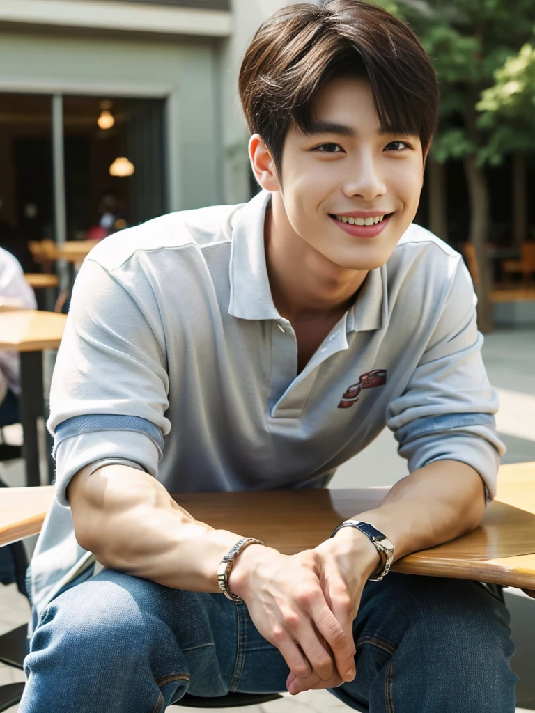 ((realistic daylight)) , (Young Korean man in a polo shirt) , Jeans, A handsome, muscular young Asian man looks at the camera. , In the dining table, outdoors,turn sideways, smile