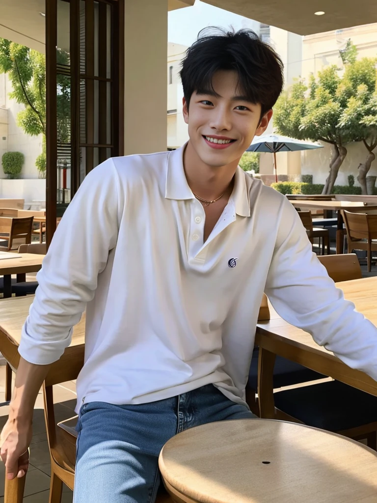 ((realistic daylight)) , (Young Korean man in a polo shirt) , Jeans, A handsome, muscular young Asian man looks at the camera. , In the dining table, outdoors,turn sideways, smile