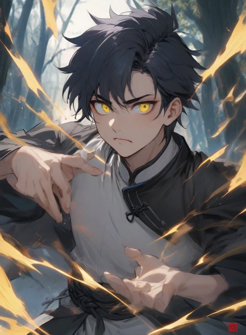 young man ,Male Dark, dark Woods, dark blue colors, monk dnd, man with yellow eye, kungfu costume style,