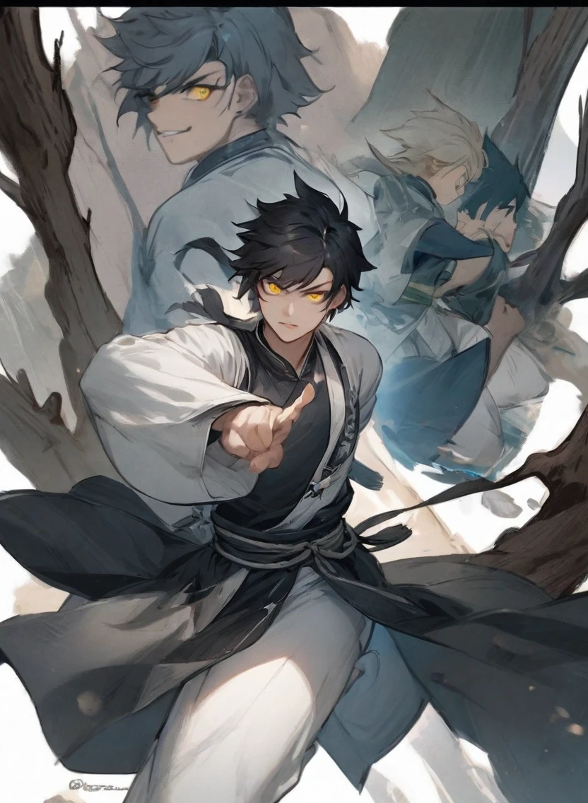 young man ,Male Dark, dark Woods, dark blue colors, monk dnd, man with yellow eye, kungfu costume style, 