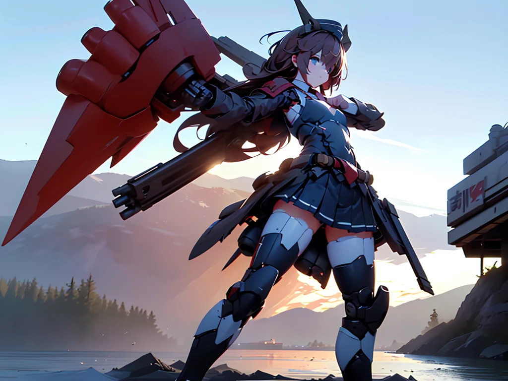 (((masterpiece, Vision))), ((((Full body of a woman with perfect flat chest、1 Female、solo、Short unkempt black hair、Tie your messy hair at the nape of your neck、white military jacket、Miko costume、black tights、Black glasses are black、White military cap、Cloudy black eyes、Confused eyes、Junyo-inspired emblem、Ship-style boots)))), (((Shipgirl))), ((Floating on the morning sea with both feet)), (Standing with your legs apart)), Aim, (Hold the shotgun turret grip with your right hand), (Four white mechanical dragons extend from its back.), (Equipped with a small hull with turrets on either side of the waist), (Equipped with a bridge on the back), (Left arm holds the grip of a double-barreled shotgun),