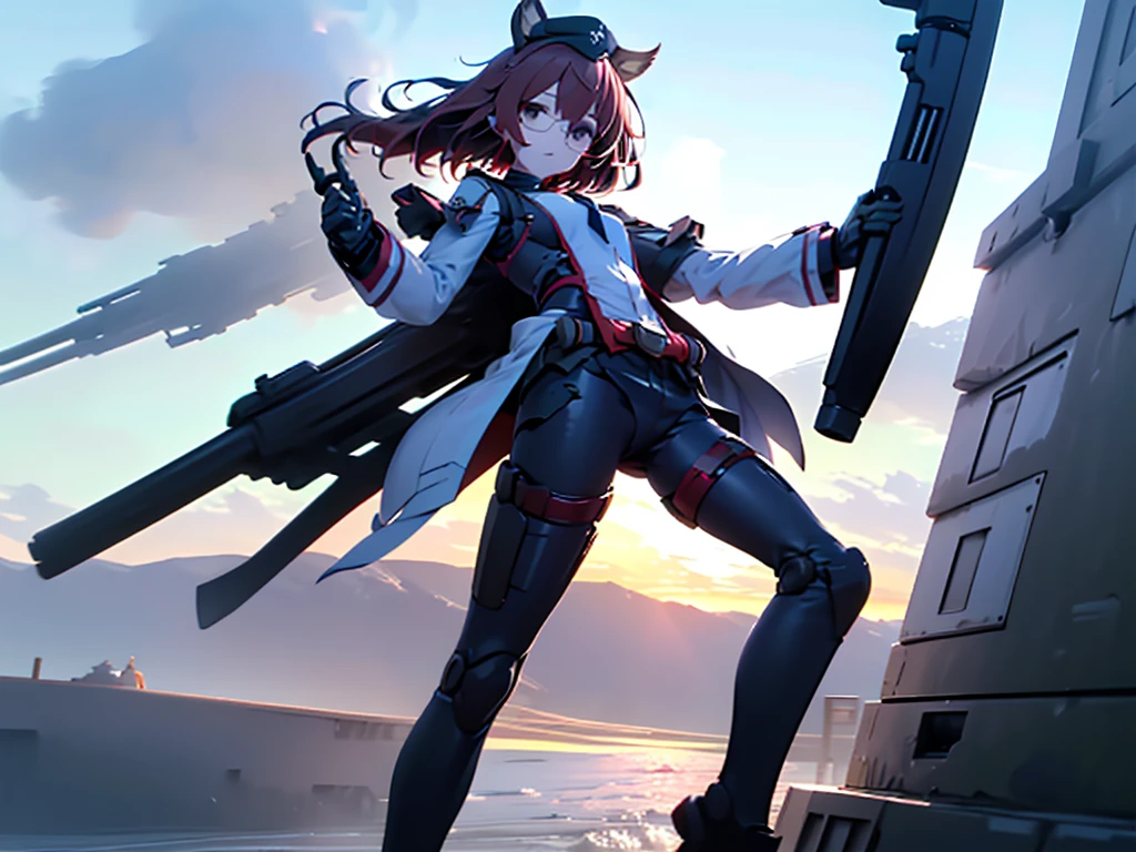 (((masterpiece, Vision))), ((((Full body of a woman with perfect flat chest、1 Female、solo、Short unkempt black hair、Tie your messy hair at the nape of your neck、white military jacket、Miko costume、black tights、Black glasses are black、White military cap、Cloudy black eyes、Confused eyes、Junyo-inspired emblem、Ship-style boots)))), (((Shipgirl))), ((Floating on the morning sea with both feet)), (Standing with your legs apart)), Aim, (Hold the shotgun turret grip with your right hand), (Four white mechanical dragons extend from its back.), (Equipped with a small hull with turrets on either side of the waist), (Equipped with a bridge on the back), (Left arm holds the grip of a double-barreled shotgun),