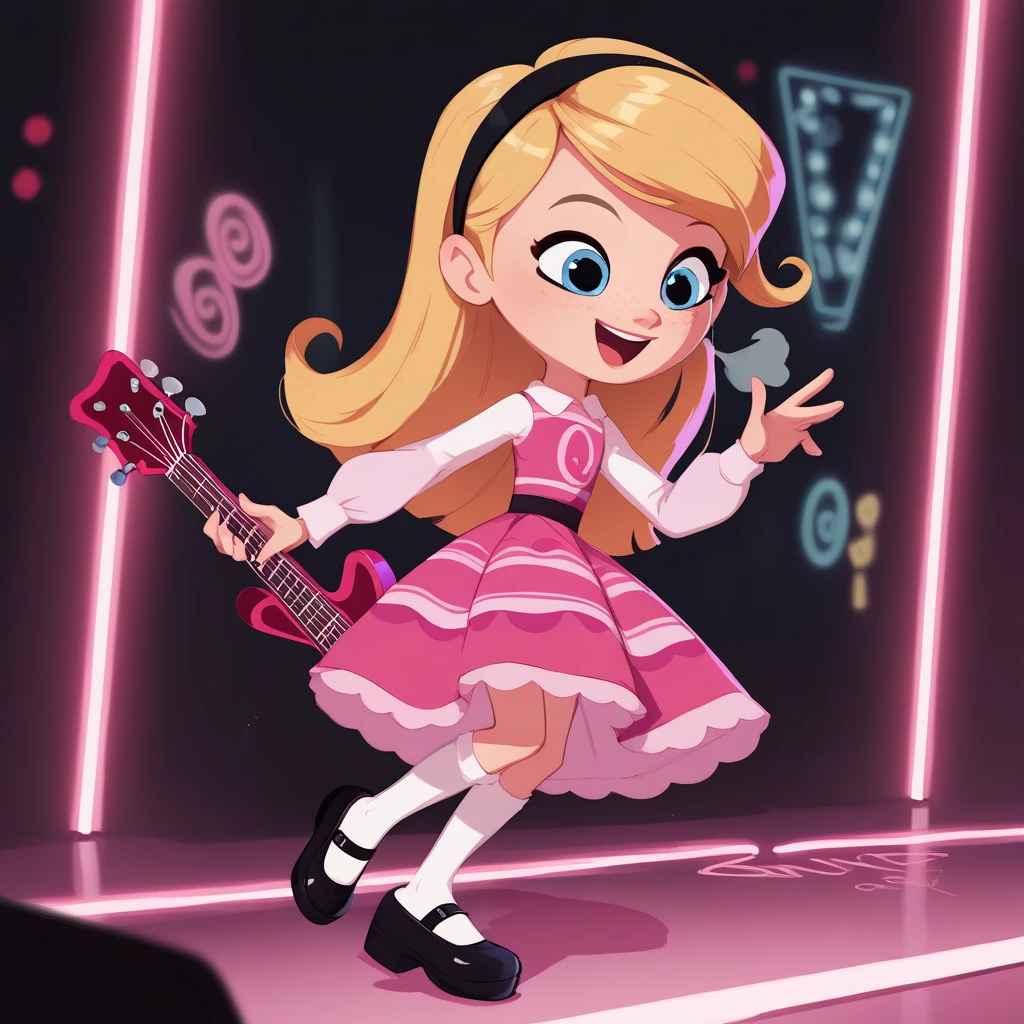 1girl, full body, solo, penny peterson, long hair, blue eyes, freckles, blonde hair, skirt, hairband, black hairband, white long tube socks, dress, pink dress, long sleeves, mary janes, black mary janes, score_9,score_8_up,score_7_up,score_6_up,score_5_up, strumming the electric, guitar on a captivating neon stage, enchanting, upbeat, joyful, smile, open mouth, muse, breath-taking, cute art, neon lights, pink neon lights,