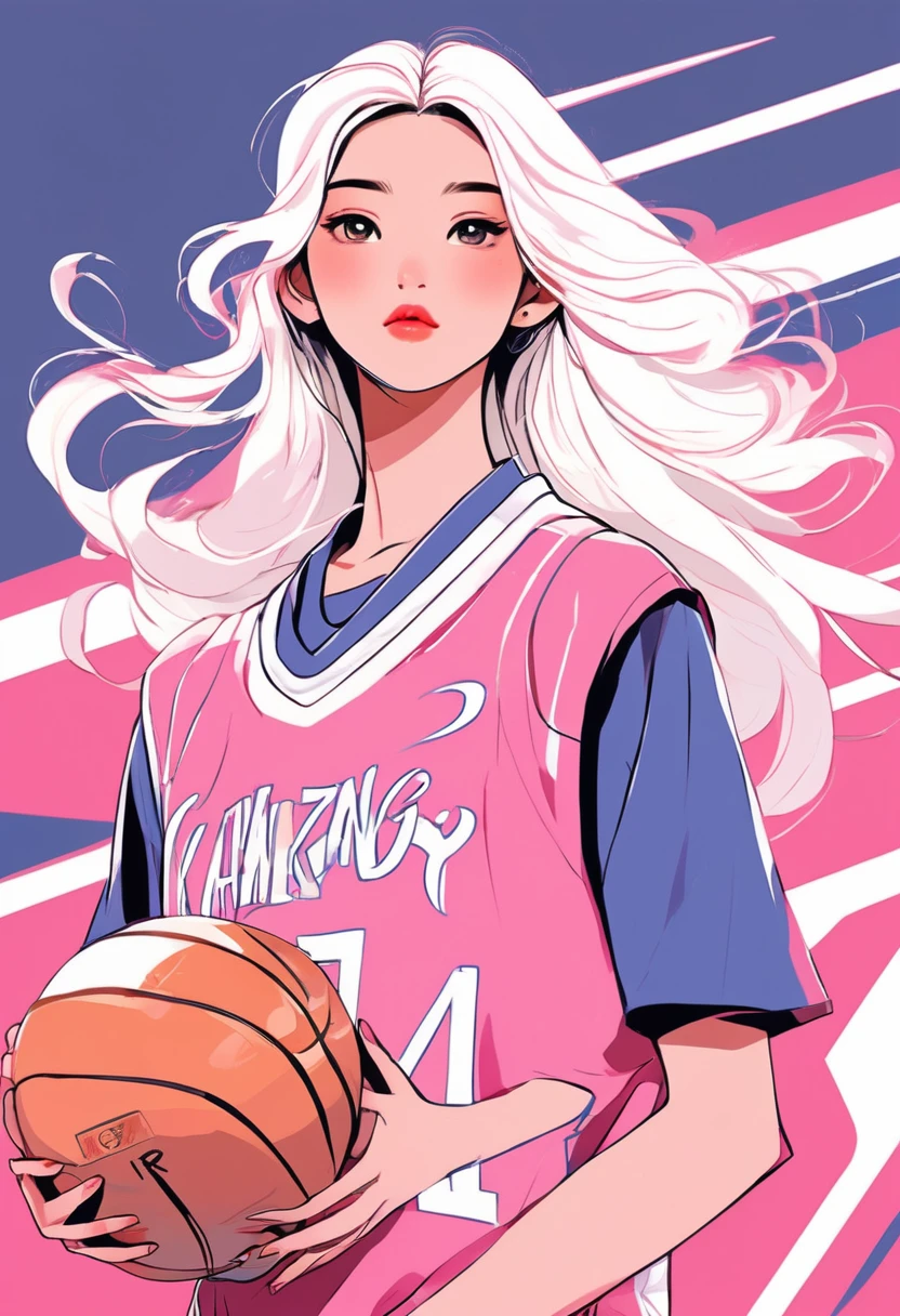 An idol korean girl, wearing pink basketball jerseys, look to the side, vector style, manga style, digital art, by Marshall Arisman, cover illustration, 70mm, 7 0 mm, 70 mm, book cover illustration, by Brigette Barrager, album cover, novel cover art for a book, art concept for a book cover, cover art, 7 feet tall,