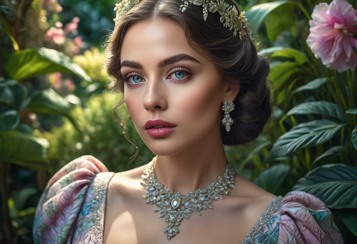a detailed photorealistic portrait of a mysterious woman in a lush garden, beautiful detailed eyes, beautiful detailed lips, extremely detailed eyes and face, long eyelashes, elegant dress, cinematic lighting, dramatic shadows, vibrant colors, pastel tones, award winning digital art, intricate detail, hyperrealistic, 8k, best quality