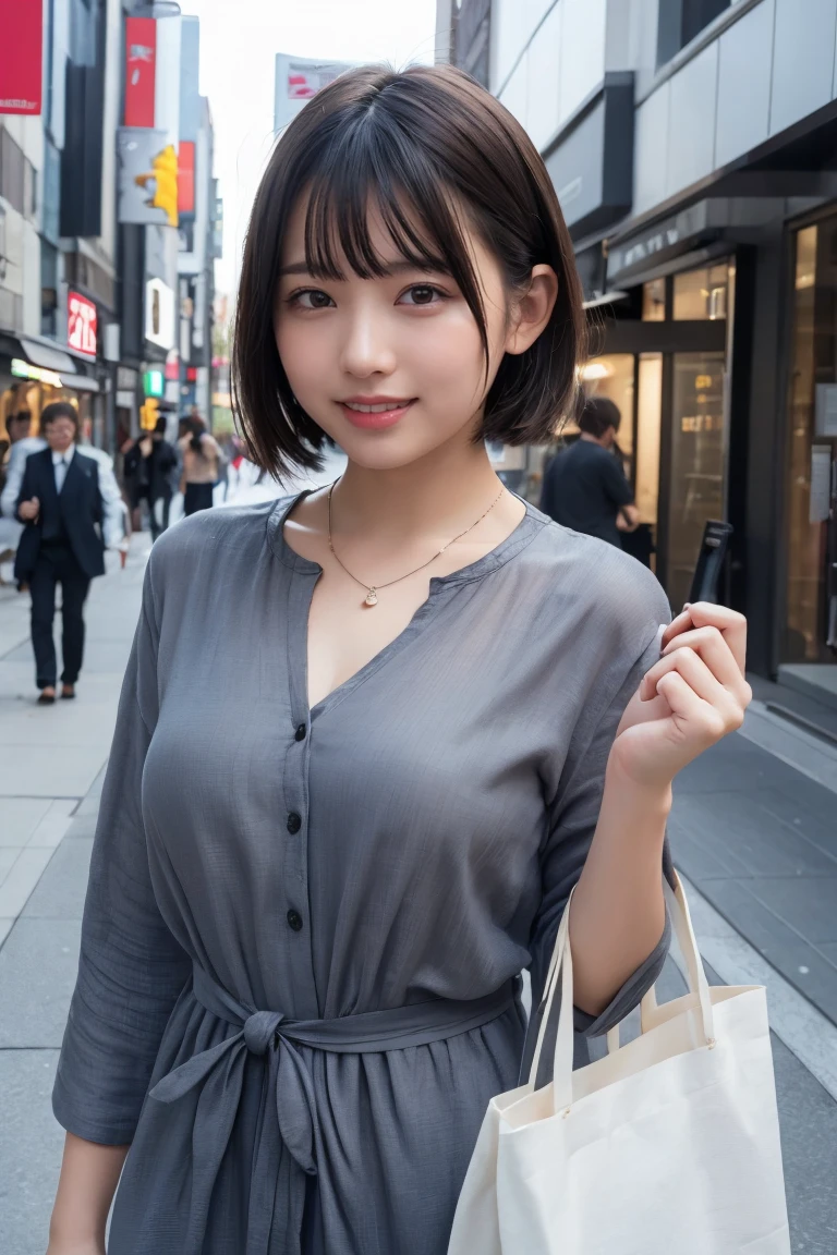 ((8k:1.27)、Highest quality、masterpiece、Ultra-high resolution:1.2)Photo Beautiful Japan woman (Comfortable:1.1) (Grey clothes:1.21) Designed by Greg Rutkowski and Alphonse Mucha Exquisite Elegance、Fantasy、detailed、geometry、Gradient lighting、One Girl、26 years old、Delicate skin、Looking at the audience、Brown eyes、(Flaxen short hair:1.2)、(Small breasts:1.0)、(middle breast wheel:0.8)、(Photorealistic:1.4)、(Highest quality:1.0)、(Ultra-high resolution:1.0)、(Without the use of hands:1.0)、8k、RAW Photos、 (Representative Song: 0.2), (Pure Eros Face_v1:0.5)、Tight clothing、tote bag、No sleeve、one piece、No sleeve、See through、smile、necklace、Linen Material、shirt、Ginza 4th Street、after work、evening、Business Fashion、Parted bangs、Hair is tied、A kind smile、Bust biting into the belt of the bag、Small breasts、Please stand up straight.、On the chest、